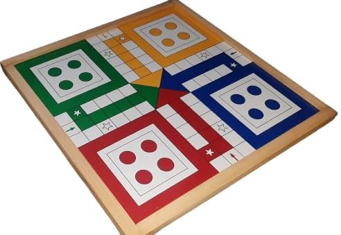 Image of CHECK BOX Handicrafts | Wood Frame Ludo Board Game Big Size with Wooden Multicolor Coins & Wooden Dice (Laminated Glass Finish) (24x24 Inches, 2, Count)