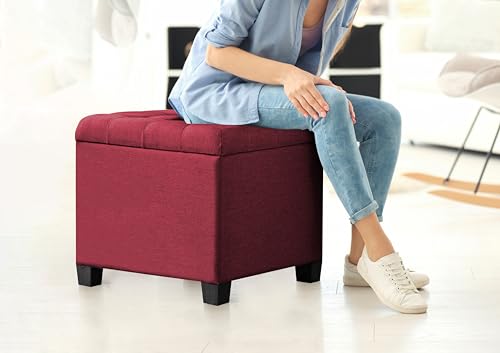 Pouf Poggiapiedi Cubico XXL Con Contenitore Integrato Cubo Imbottito Lino 45Cm Piedini legno Panca Moderna Cassapanca Soggiorno Panchina Ingresso Scarpiera Sgabello Grande - Bordeaux2