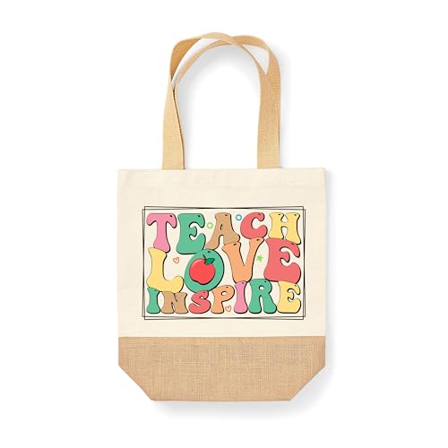Purple Print House Teachers Teach Love Inspire - Borsa in tela di iuta retrò, regalo di ringraziamento per insegnanti, Naturale, 24cm x 41cm Purple Print House Teachers Teach Love Inspire - Borsa in tela di iuta retrò, regalo di ringraziamento per insegnanti, Naturale, 24cm x 41cm