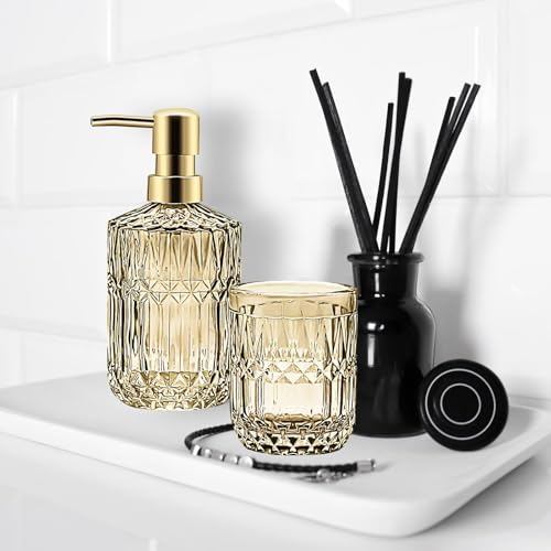 Juego de accesorios de baño dorados satinados de alta gama con dispensador y tarros de algodón 5