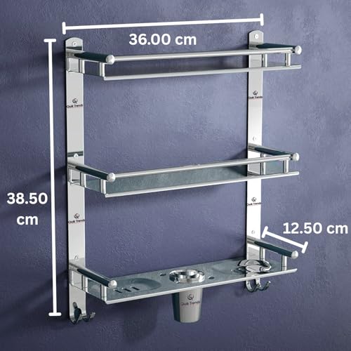 Image of Bathroom Organizer Without Drill - Corner, Shelves, Rack, Shelf, Storage, wall, Racks and Adhesive, Mounted, self Holder, soap, Stand Bathroom Accessories (Three Layer (6 in 1))