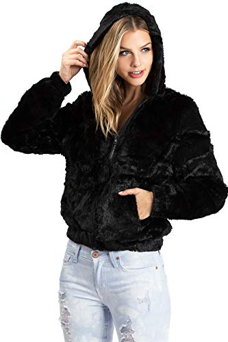 Ambiance Women's Soft Faux Fur Hoodie Jacket (M, Black)
