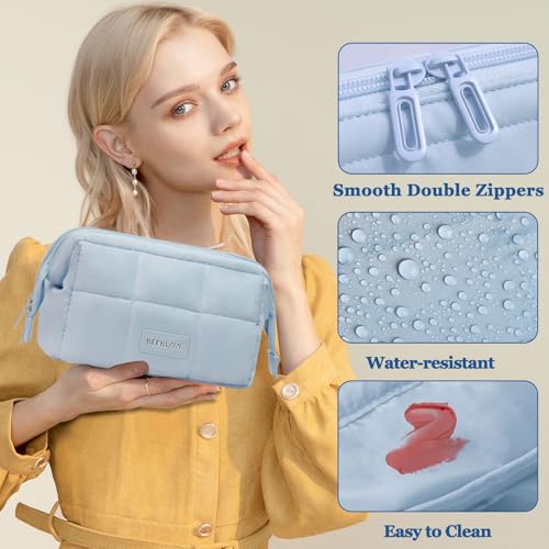 Image of Puffy Makeup Bag Travel Toiletry Bag, Waterproof Make Up Bag for Women, Lightweight Wide-open Cosmetic Bag with Multiple Compartments, Pouch Travel Essentials Toiletries, Blue