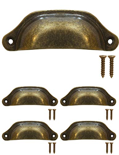Fuxxer® - tirador de cajón antiguo con diseño de hierro y bronce, tirador de concha para deslizadores, armarios, puertas, cajoneras, estilo retro vintage de casa de campo, 97 x 30 mm, juego de 4