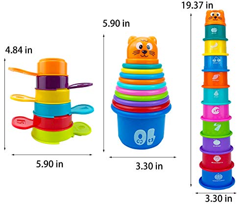 17 PCs Multicolor Nesting and Stacking Cups Set, Baby Bathtub Toys, Early Learning Educational Toys for Infants, Toddlers, Stacking Cups with The Numbers, Shapes, Fruits, Animals Patten - Image 5
