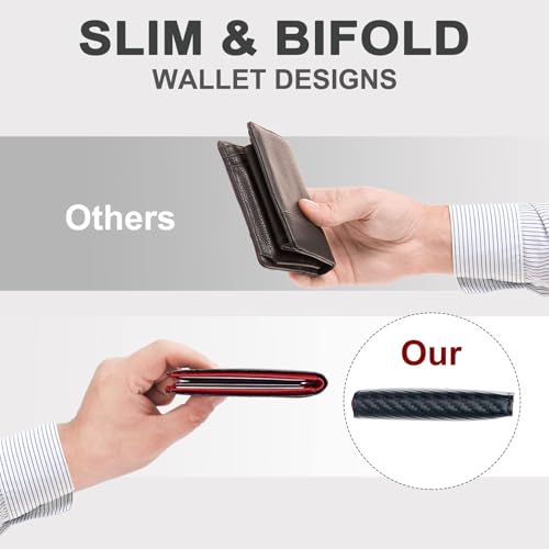 Image of Chelmon Slim Wallet for Men ID Window with RFID Blocking Front Pocket Minimalist Bifold Bussiness Card Holder Gift for Men, Carbon Black & Red