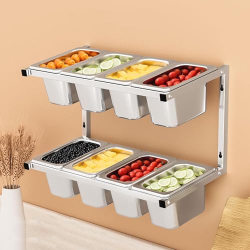 Dispenser per pizza, in acciaio inox, da parete, con coperchio e mestolo, ideale per salse, condimenti e insalate, perfetto per cucine e ristoranti