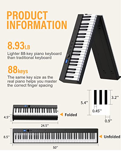 Konix Folding Piano Keyboard 88 Key Full Size Semi-Weighted Portable Keyboard Piano, Bluetooth Electric Piano With Sheet Music Stand, Sustain Pedal And Piano Bag #TOP5