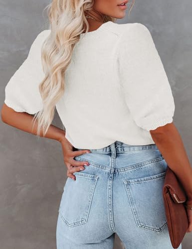 Image of Womens Short Sleeve Sweaters Crewneck Knit Pullover Tops 2025 Summer Casual Lightweight Crochet Blouse Shirt