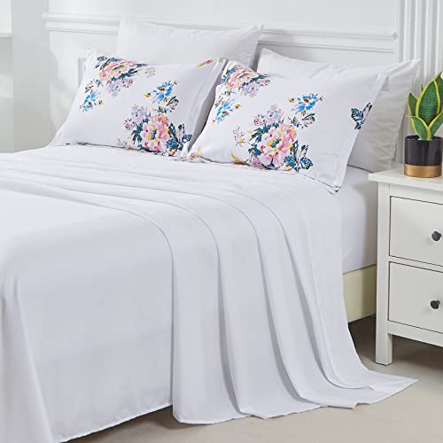 Yogeneg Floral King Size Comforter Set 7 Piece Bed In A Bag,Pink Flowers Green Leaves Botanical Comforter With Sheets Set,Soft Microfiber All Season Bedding Set(White,King) #TOP3