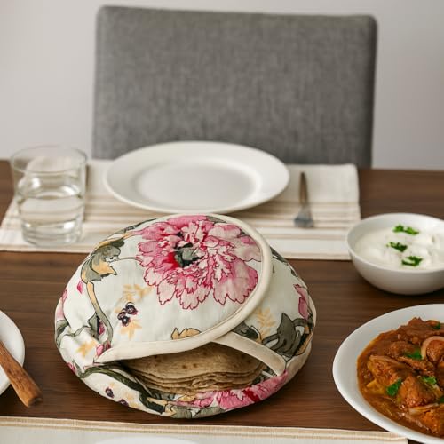 Image of Swayam 100% Cotton Cloth Roti Casserole | Hot Chapati Box | Washable Bread Basket | 22 cm Round Roti Basket | Floral Design - Cream & Pink