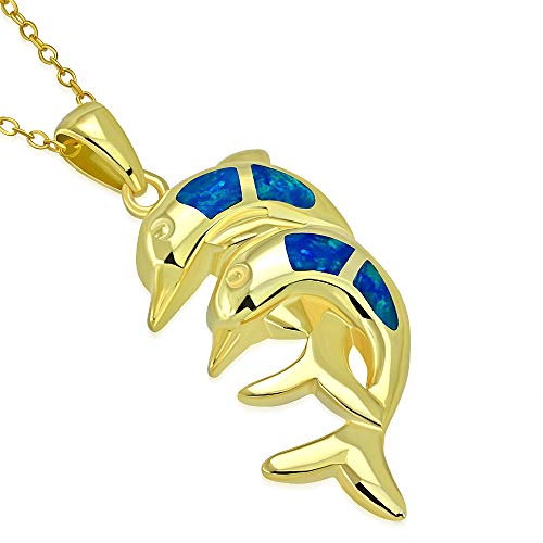925 Sterling Silver Simulated Blue Opal Double Dolphin Charm Pendant Necklace, 18