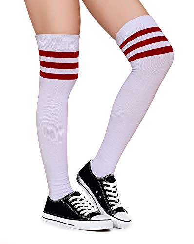 Leotruny Women's Triple Stripes Over The Knee High Socks (X02-White/Red) #TOP2