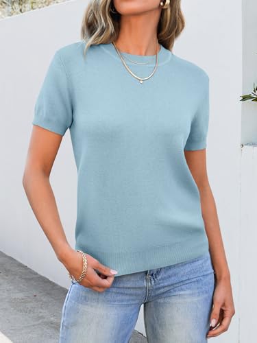 Image of ANRABESS Womens Short Sleeve Sweaters Wool Blend Crew Neck Sweater Shirts Business Casual Work Tops 2026 Summer Outfits