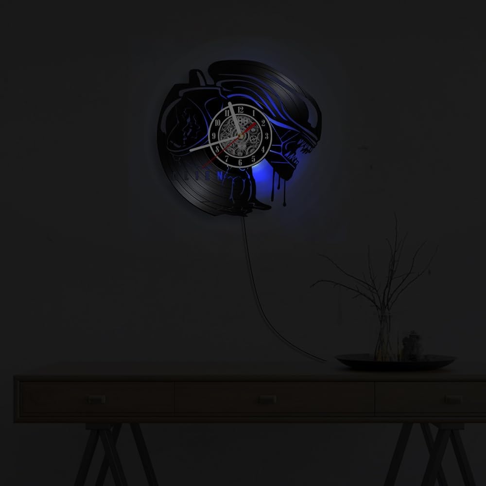 The Geeky Days Alien Xenomorph Laser Cut Vinyl Record LED Lit Wall Clock for Cinema Home Theatre Cinematic Monster Classic Sci-Fi Art Luminous Night Light Wall Clock Glow in Dark Alien Fan Quirky Gift