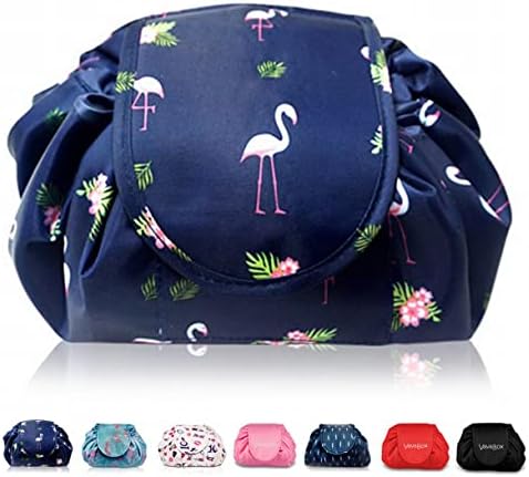 Lazy Drawstring Makeup Bags, Large Capacity Waterproof Travel Portable Cosmetic Bag Pouch Makeup Pouch Storage Organiser for Women Girl (Navy Flamingo)