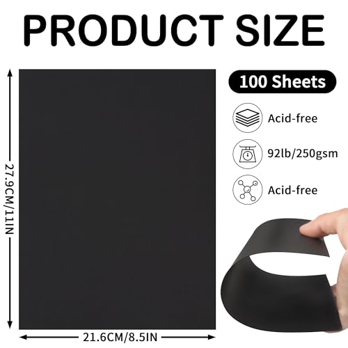 100 folhas de cartolina preta – 21 x 28 cm, 41,7 kg/250 g/m², papel de construção de arte para fazer