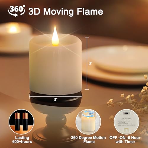 Image of Flickering Flameless Candles with 3D Moving Flame, Real Wax Battery Operated Candles with Timer and Remote, Last 600+ Hours, 3 inch x 3 inch LED Fake Candles for Home Wedding Christmas Decor, 2 Pack