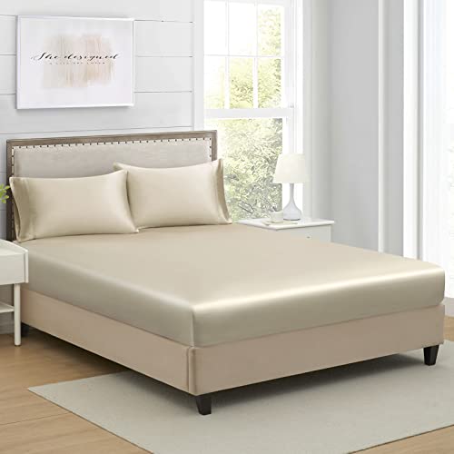 Satin Fitted Sheet Full 1 Piece Silky Bottom Bed Sheet Taupe