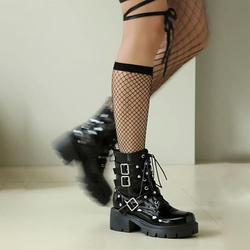 Image of FOREADA Goth Boots Chunky Heel Boot For Women Ankle Combat Booties Black Platform Bootie Buckle Rivets Punk Goth Shoes With Zipper