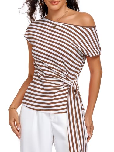 Image of HOTIAN Womens Cap Sleeve T Shirts 2026 Tie Waist Wrap Tops Crew Neck Blouses Dressy Casual Loose Work Business Dressy