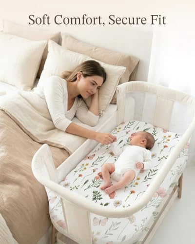 Image of Bedside Bassinet Sheets 2 Pack, 33 x 20 Fitted Bedside Sleeper Sheets, Ultra Soft Breathable Polyester, Ideal for Baby Girl or Boy and Newborns (Butterfly Garden, Bedside Sleeper Sheet)