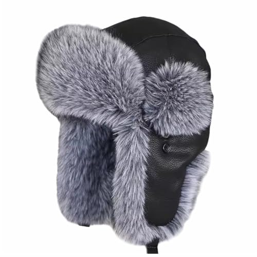 Reyox Trapper Hat for Men Women, Winter Hat with Ear Flaps, Ushanka Hat, Artificial Leather Russian Hat Black 2 Small