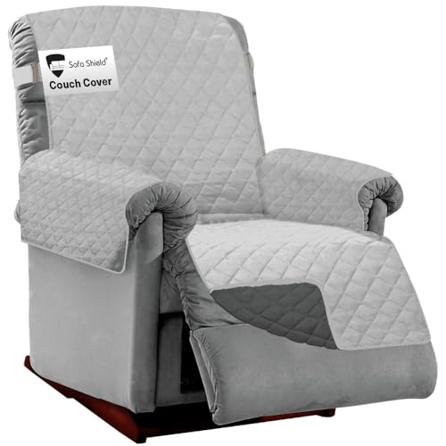 Sofa Shield Recliner Slip Cover with Patented Strap, Cushion Protector, US Designed Reversible Stain and Dog Tear Resistant Slipcover, 28 inch Seat, Washable Covers for Dogs Pets, Light Gray Charcoal