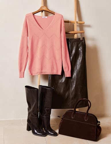Image of Zeagoo Womens Sweaters Fall Trendy Casual Long Sleeve Shirt Lightweight V Neck Off Shoulder Crochet Pullover Top Outfit