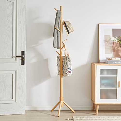 YMYNY Wooden Coat Rack Stand, Hall Tree Free Standing with 8 Hooks, Hallway Coat Hanger Hat Stand for Bag Umbrella Clothes Scarves, Adjustable Sizes, Natural HD-HRF-1193