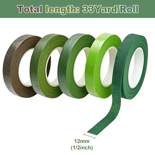 GCVOPTON 5 Roll Floral Tape, 1/2 Inch 30 Yard Florist Tape, Flower Wrap Tape for Fresh Flowers Artificial Flowers Arrangements Crafts, Wedding Bouquet Florist Supplies - Thumbnail 2