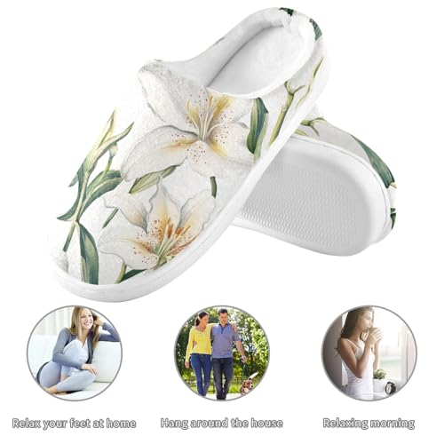 JUNZAN Vintage Lily White Mens House Cotton Slipper Closed Toe Memory Foam Ladies Slippers for Hotel Funny Presents 6-73