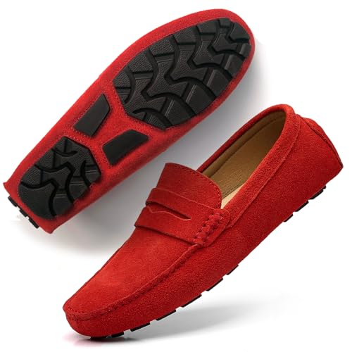 DCZTELG Mens Suede Penny Loafers - Slip-On Comfort Casual Shoes for Business & Driving Red 12