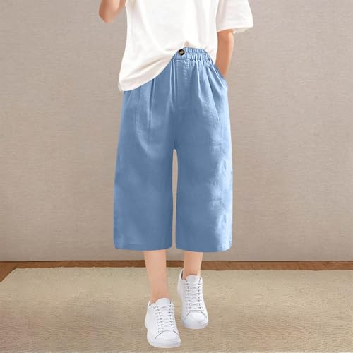 Boys Cotton Linen Capri Pants Summer Beach Casual Wide Leg Pants Loose Cropped Trousers with Pockets4
