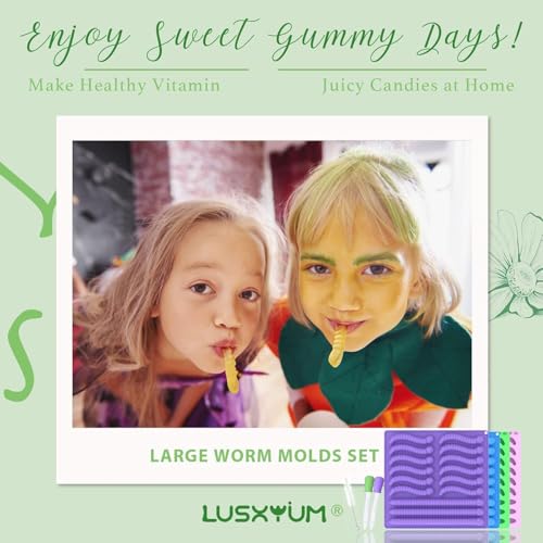 Image of LUSHYUM Gummy Worm Molds Silicone 6ML 14ML, 4PCS Non-Stick Silicone Large Worm Molds for Chocolate Gummy Candy 60 Cavity with 2 Droppers & Brush, Ideal Gift for Kids Adult Halloween Party