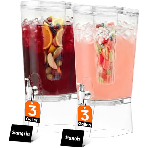 Image of Lifewit 3 Gallon Drink Dispenser for Parties 2 Pcs, Large Plastic Beverage Container for Juice/Tea/Soda with Stand & Ice Core, Clear Lemonade Dispenser with Spigot, BPA Free Water Pitcher for Hosting