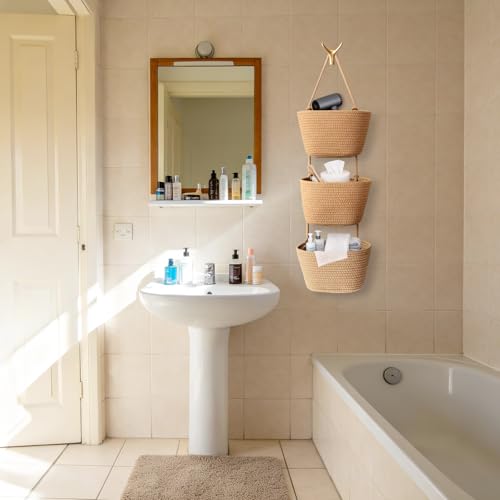 3-Etagen Baumwoll-Seil Wandkorb - Gewebte Aufbewahrungsorganizer mit Jute-Design für Schlafzimmer, Badezimmer, Küche & Wohnzimmer (A)