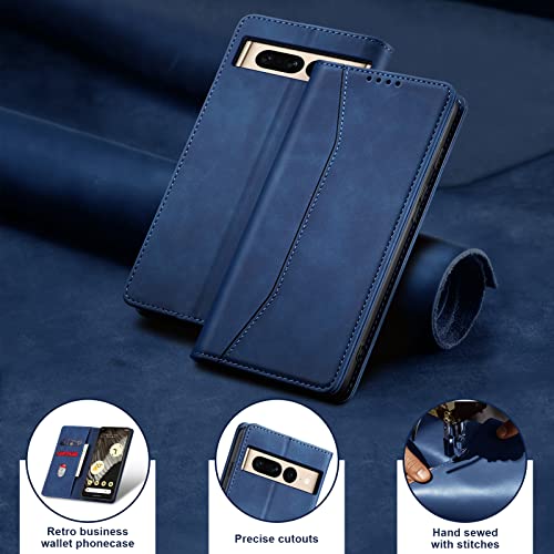 Image of Jasonyu Flip Wallet Case for Google Pixel 7 Pro 5G,Leather Magnetic Folio Cover with Card Holder,Kickstand - TPU Shockproof Durable Protective Phone Case,Blue