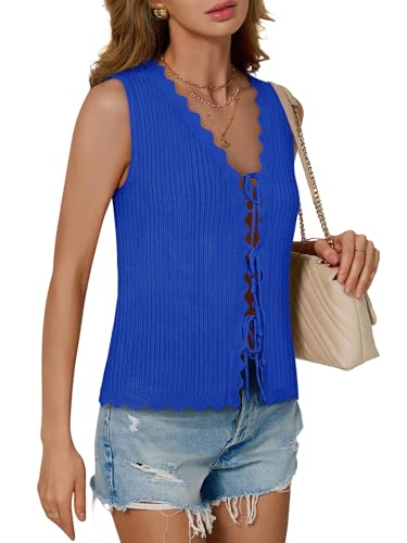 Image of COCCKO Womens Summer Tops Vacation Beach Outfits Cute Tie Front Crochet Vest Knit Sleeveless Sweaters