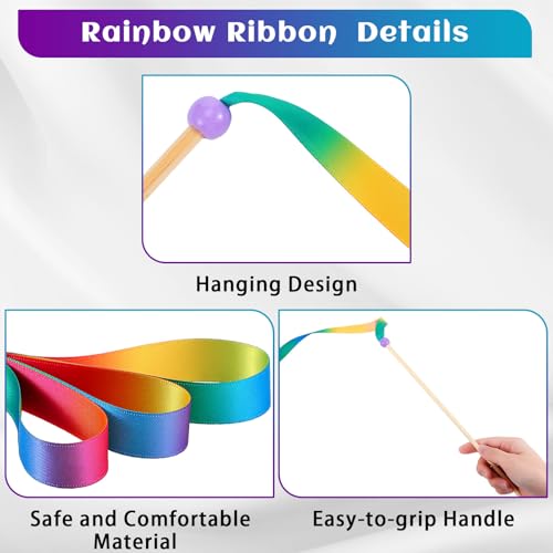 2 Pcs Silk Rainbow Streamer 8ft Gymnastics Ribbon Stick Dancer Wand for Kids Artistic Dancing Ribbon Rainbow Twirler Stick Streamer for Gym Training Circus Baton Twirling - Thumbnail 3