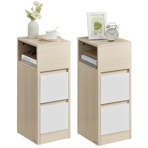 VASAGLE Kailyn Colección - Juego de 2, Mesita de Noche Estrecha, Mesa Auxiliar con 2 Cajones, Encajable a la Izquierda o a la Derecha, Dormitorio, Salón, Beige Natural y Blanco Nube LET856N01V1