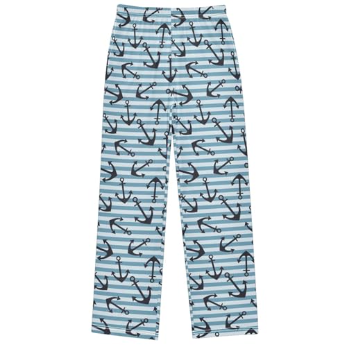 Boy's Lounge Pants Anchor Blue White Striped Kids Jogger Pants Elastic Waist Long Bottoms with Pockets 6-14 Years