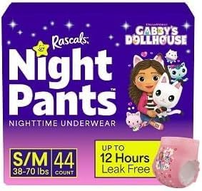 Rascals + Friends Night Pants, Absorbent Girls Nighttime Bedwetting Underwear, Gabby's~Dollhouse, (38-70 lbs), (S/M, 43 Count),