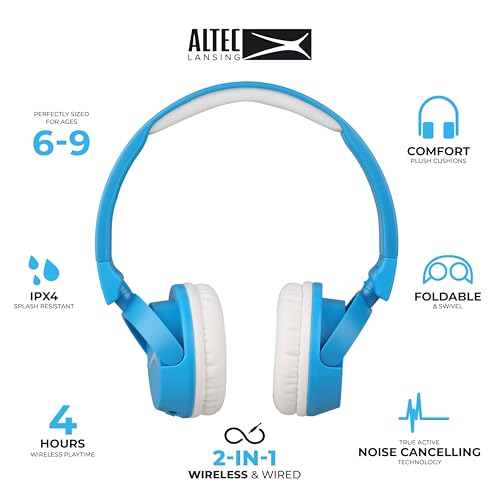 Image of Altec Lansing Kid Safe 2-in-1 Bluetooth and Wired Headphones, Noise Cancelling, Volume Control, Wireless, Foldable Design (Blue)