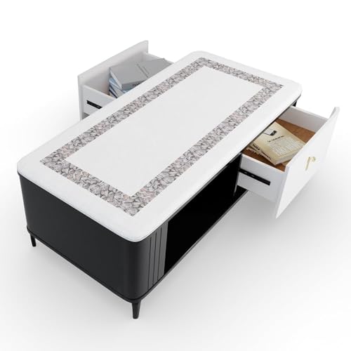 Image of Royaloak Miami American Marble Center Table for Living Room | Art Marble Metal Legs | High Reflective Finish | Telescopic Channel | Drawer Storage | Marble Top