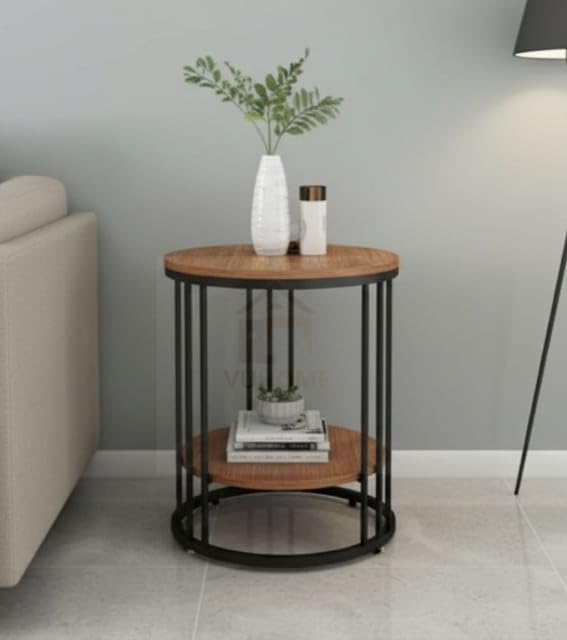 Image of 2 Tier Round Coffee Table with Brown MDF Wood Top, Gold Metal Frame & Storage Shelf |Table for Living Room, Bedroom, Balcony & Office | Modern Compact Accent Furniture for Home Decor