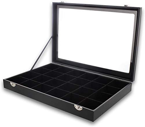 BucketList Removable 24 Grid Jewelry Boxes Stackers Jewelry Display Case Clear Top New Velvet material with Lock (24 Grid Box Black) 35 x 24 x 5cm