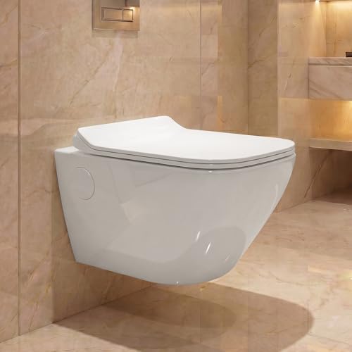 Image of WASSMIST Wall Hung Western Toilet | Rimless Wash Down Ceramic Commode | Modern Space Saving Bathroom WC | Premium Sanitary Ware (White)