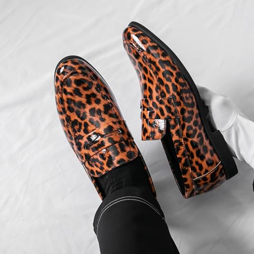 Men's Fashion Leopard Leather Slip-On Lightweight Dress Penny Loafer Shoes Tuxedo Round Toe Low Top Non-Slip Casual Smoking Shoes for Dating Dress Wedding Party Prom4