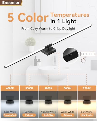 Image of Ensenior Modern Bathroom Vanity Light 48 inch, Built-in Dimmer, 28W Dimmable 5CCT Led Bath Lights, Black Bar Vanity Lights for Bathroom Mirror Cabinets Bedroom-FCC & ETL Certificated